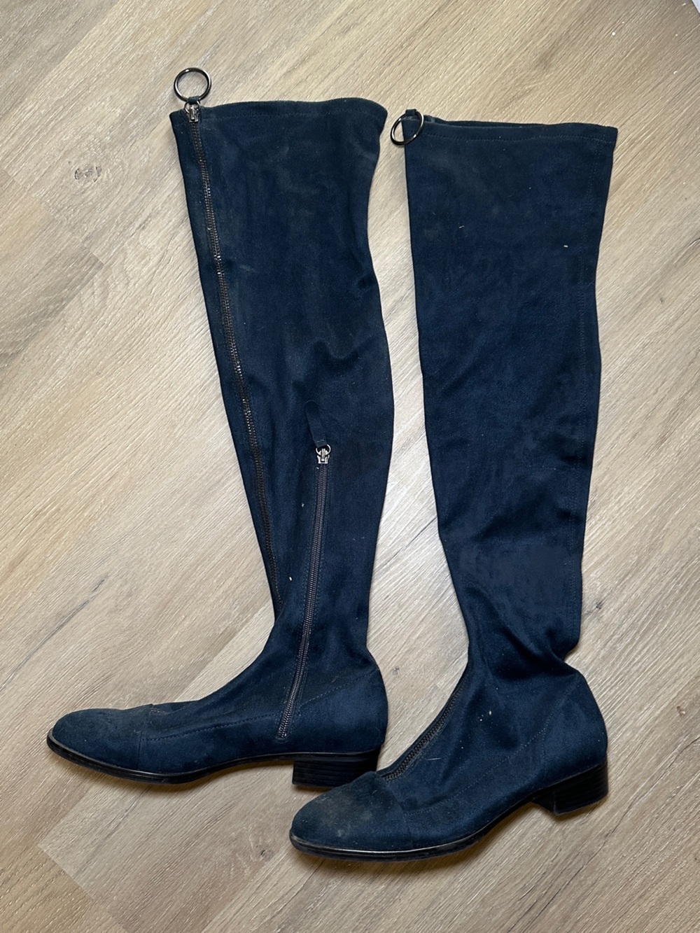 Zara Navy Suede Over-the-Knee Boots Block Heel